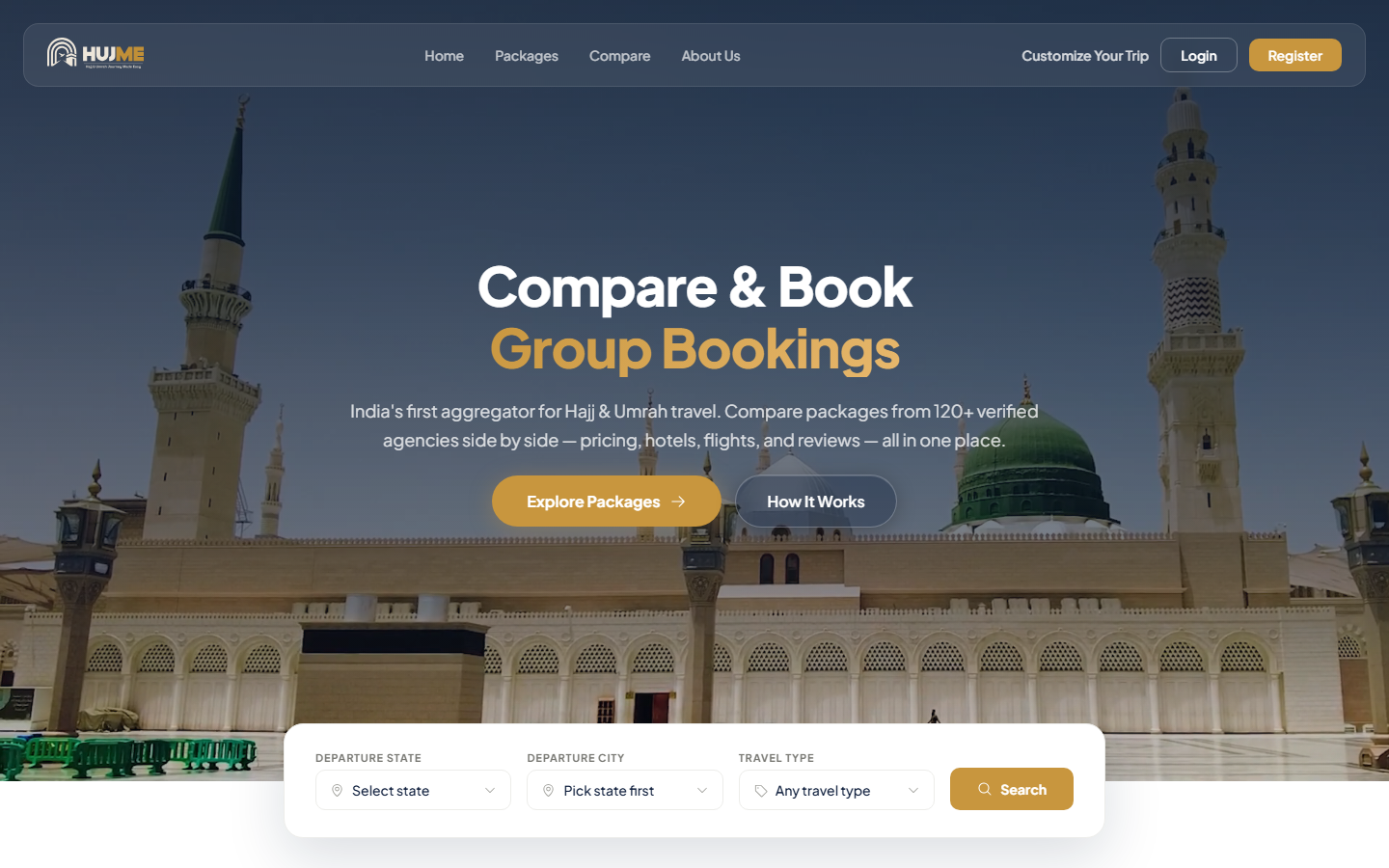 HUJME.COM home page with the Compare & Book hero and package search by departure state, city and travel type